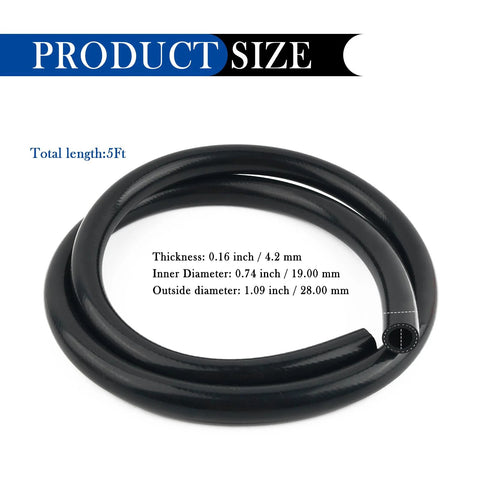 Black silicone heater hose, 5 ft long, 3/4 in ID, 1.09 in OD, for vehicle cooling systems.
