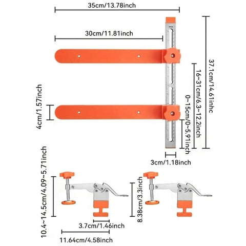 Drawer Slide Jig Kit With Magnetic Arm Punch Locator dimensions, includes arms, clamps, dual scales for cabinet hardware alignment.