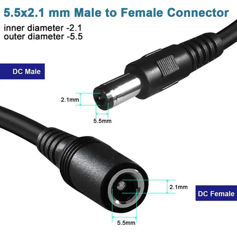 Close-up of a 2-Pack 6 Foot DC Extension Cord 2.1mm X 5.5mm Male To Female Power Cable connectors for CCTV Security Cameras.