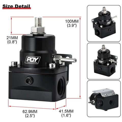 PQY adjustable EFI fuel pressure regulator kit, black, 3–70 PSI, with AN8 feed port and AN6 return port
