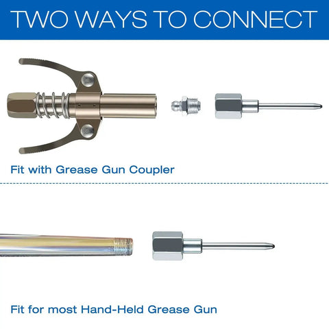 Two connection methods for Needle Nose Grease Nozzle for Hand Operated Grease Gun with Narrow Needle Adapter and Fittings.