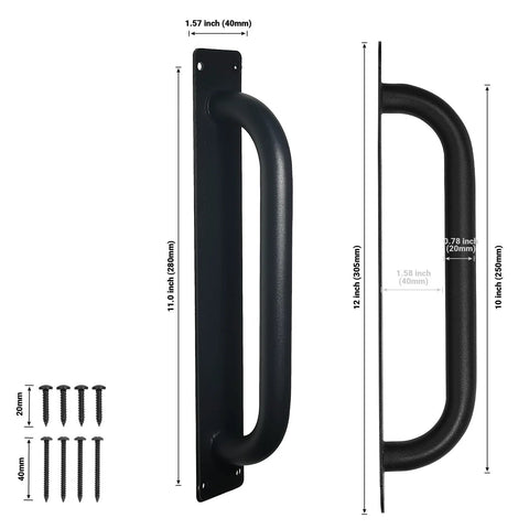 Beefy 12 Inch Heavy Duty Steel Barn Door Handles Black Powder Coat 2 Pack Gate Pulls shown with dimensions and screws