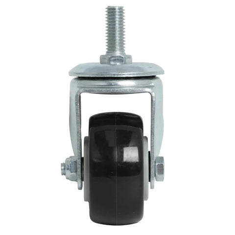 Front view of heavy duty 2 inch stem caster wheel with 1/2 inch threaded post for shelving units and workbenches, black polyurethane wheel
