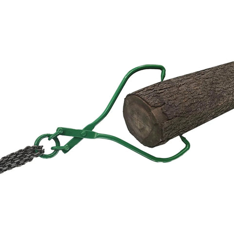 32 Inch Log Lifting Tongs Heavy Duty Grapple For Lumber Skidding And Logging Grabber clamping a log with green jaws.