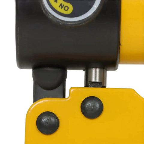 Close-up of 10 Ton Hydraulic Knockout Hole Punch Kit With Separable Pump And Rotatable On Off Valve, yellow casing detail.