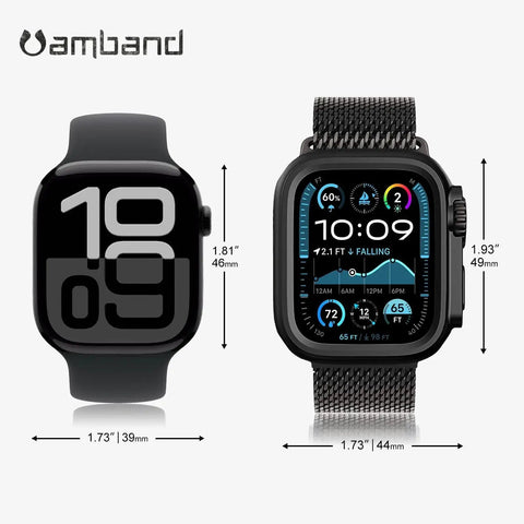 Rugged Metal Case Conversion Kit For 46mm Apple Watch Series 10 And 11 With Back Cover And Ultra Look Protective Bumper To Turn Your Watch Into Ultra Style AmBand W1 Black, showing front view of installed kit with dimensions.