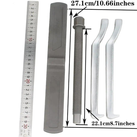12 Inch Two Jaw Gear Puller With Reversible Claws For Pulley Flywheel And Bearing Removal components shown with ruler for size reference.