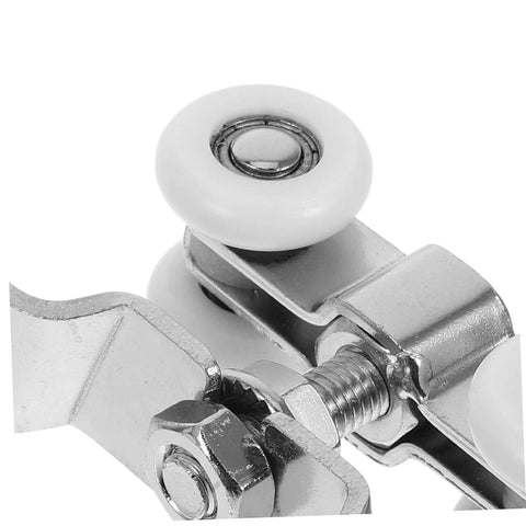 Close-up of 2 Pack Stainless Steel Sliding Door Pulleys With Silent Nylon Rollers showing metal parts and nylon wheels, built tough.
