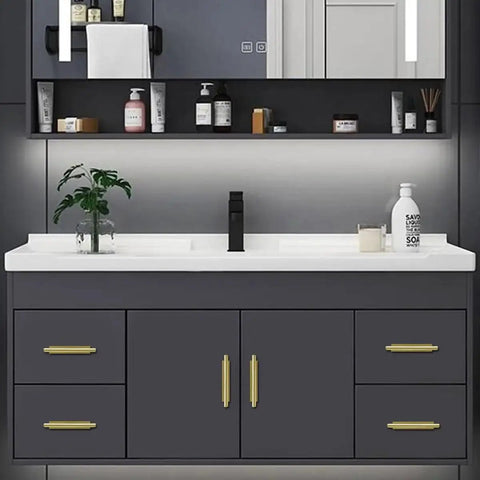 Bathroom vanity with Self Stick Push Pull Cabinet Handles 8 Pack Hidden ABS Plastic Drawer Wardrobe Window Door Handles installed