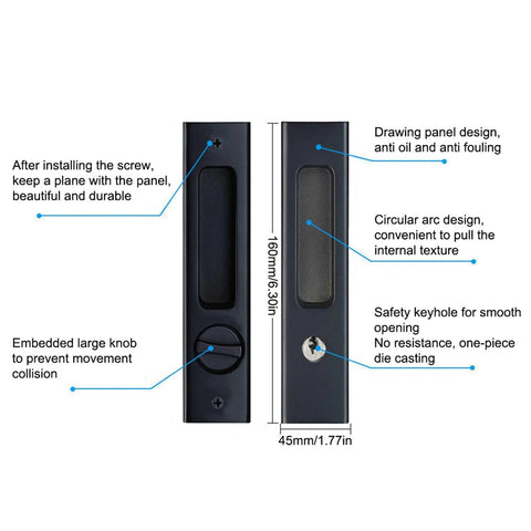 Privacy Pocket Door Lock Hardware 6.3 Inch Sliding Barn Door Lock With Keys Concealed Recessed Door Handle Black Finish Front View