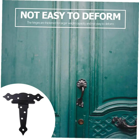 Black Painted Wrought Iron Strap Door Hinge Heavy Duty T Strap Decorative Hardware against green door backdrop by Hakidzel