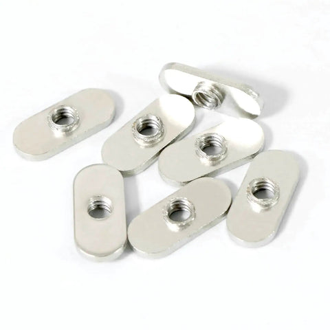 Image of a Twenty Pack One Quarter Inch Twenty Centered Hole Sliding T Nuts for 10 Series T Track Extrusions, nickel-plated steel.
