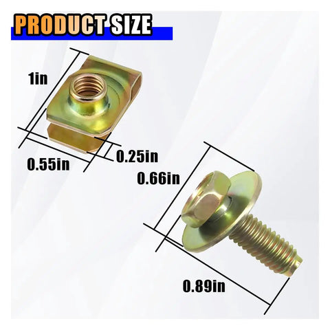 40 Piece Car Body Bolts M6 1.0 And Extruded U Nuts Clips Kit product sizes with dimensions and yellow zinc finish visible