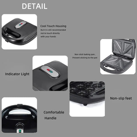 Detail view of the 10-in-1 breakfast maker features including nonstick plates, indicator lights, and cool touch handle for easy use.