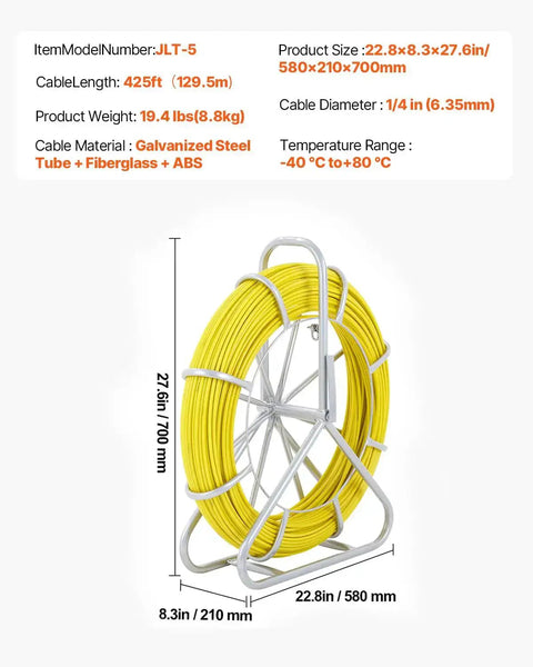 Fiberglass Fish Tape 425 Foot Long Quarter Inch With Pro Grade Durable Stand Non Conductive Wire Cable Running Rodder