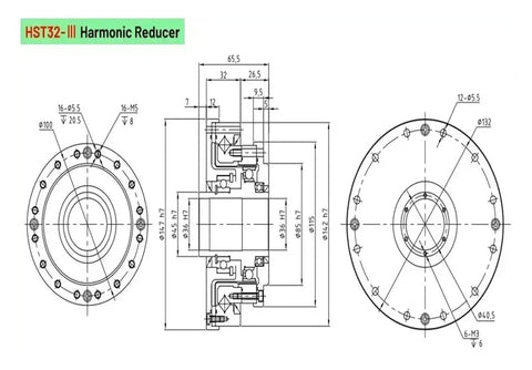 Technical drawing of Compact Harmonic Drive Reducer With Strain Wave Gear 50 80 100 Ratio 80 To 1 HST32 III showcasing dimensions