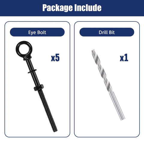 Package contents showing Heavy Duty Black Stainless Steel Eye Bolts With Nuts And Washers Set One Quarter Inch Thread, Drill Bit.