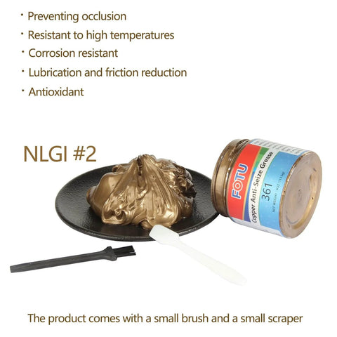 Workhorse High Temperature Copper Anti Seize Thread Lubricant shown with brush, scraper, open jar on a black plate, rust resistant