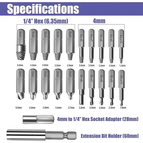 Specifications of 22Pcs Mini Damaged Screw Extractor Kit with sizes and adapter details for home and workshop projects.