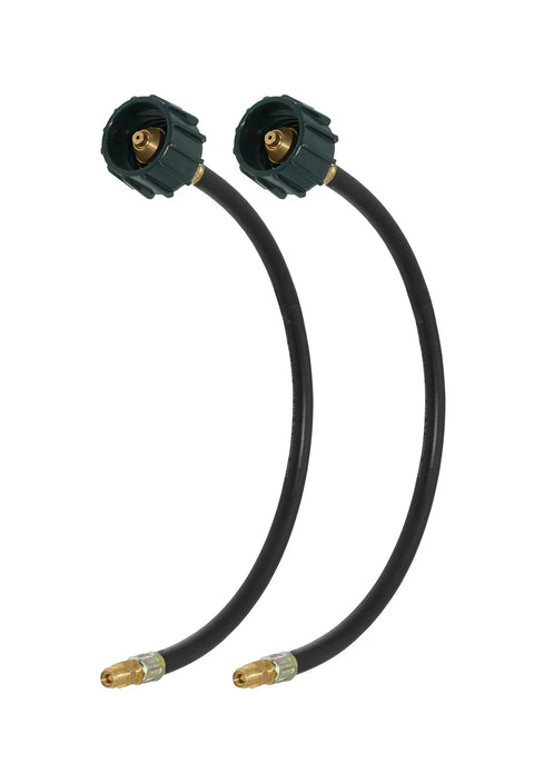 Two 18 inch pigtails for dual tank RV propane regulator shown with flexible hose and brass fittings for Flame King KT18ACR2.