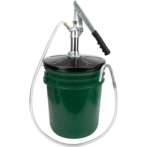 Lever Action Bucket Pump For 5 Gallon Pails With Efficient Fluid Dispenser attached to a green pail with hose