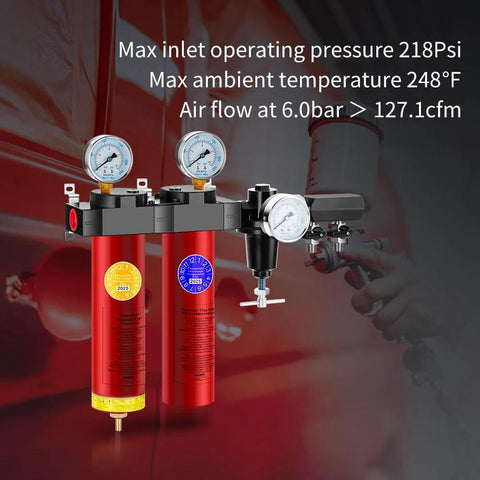 NANPU ZP-R 2-stage air filtration system with regulator, red metal housing, dual canisters, 3/8–1/4 NPT ports