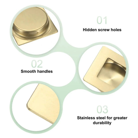 Close-up of Two Pack Recessed Finger Pulls For Doors, 2.75 Inch, 304 Stainless Steel Sliding Closet Door Handles with hidden screws.