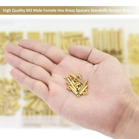 All In One Pro Grade M2 Brass Standoffs Kit 320 Pc Set With Hex Spacers Screws Nuts For PCB Motherboard Builds in hand view