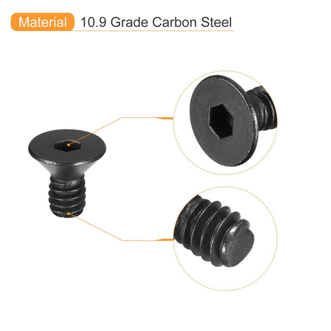 Six-32 By One Quarter Inch Flat Head Socket Cap Screws Set, 10.9 Grade Carbon Steel With Hex Socket in close-up view