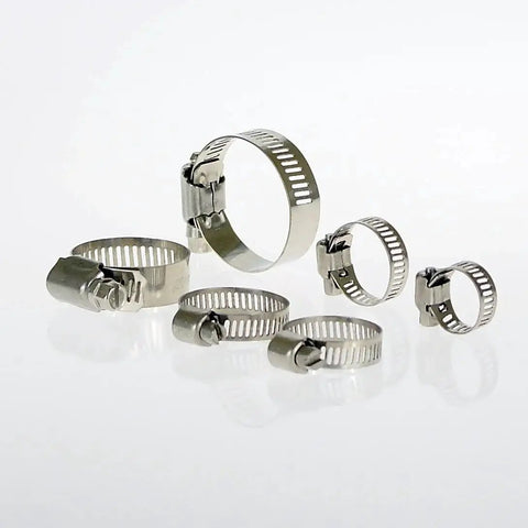 Stainless Steel Hose Clamp Assortment Kit With 26 Pieces And Storage Case Worm Gear Design shown with various clamp sizes.