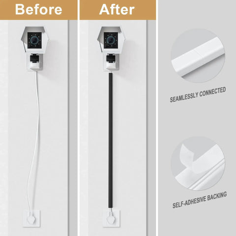 Before and after of Cord Hider For One Wire 102 Inch Cable Concealer in black PVC installed on wall.