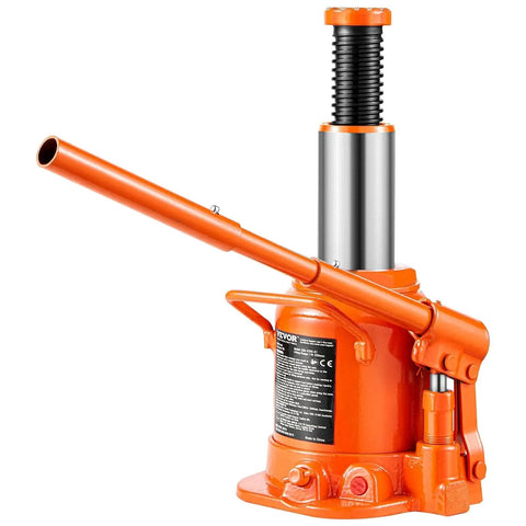 20 Ton Low Profile Hydraulic Bottle Jack With 6.69 To 12.6 Lift And Long Handle, showing orange jack with extended handle.