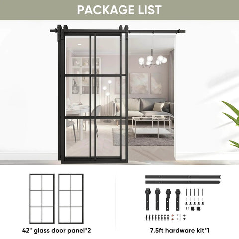 Bypass Double Glass Barn Door 84 By 84 Inches With 7.5 Foot Side Mounted Hardware Kit Includes Two 42 By 84 Tempered Glass Panels Aluminum Frame Rails Rollers Floor Guides Stoppers And Easy Assembly, shown with glass panels and hardware pieces.