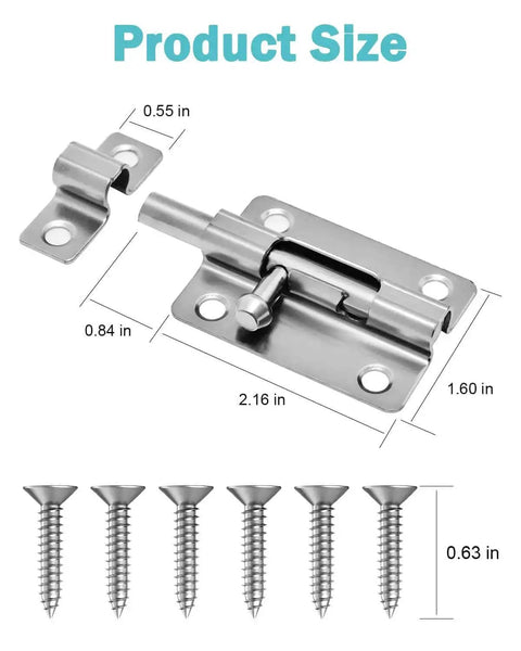 Dimensions view of Heavy Duty Door Slide Latch Lock 3 Inch Barrel Bolt Built From Solid Steel For Maximum Privacy And Security, Brushed Nickel Finish Sliding Door Lock With Easy Install Screws, Great For Bathrooms, Bedrooms And Cabinets, 4 Pack.