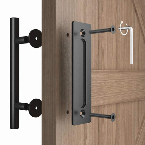 Two Pack 12 Inch Sliding Barn Door Handle Pull And Flush Hardware Set With Flat Back Plate Design In Rustic Black Finish