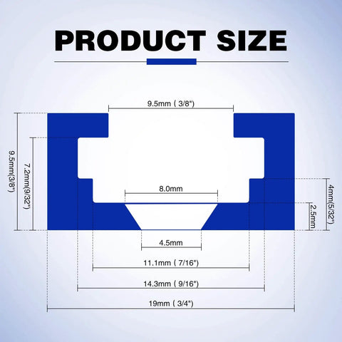 Diagram showing dimensions of Six Piece T Track Set For Woodworking Aluminum 36 Inch Universal Double Cut Profile, blue color