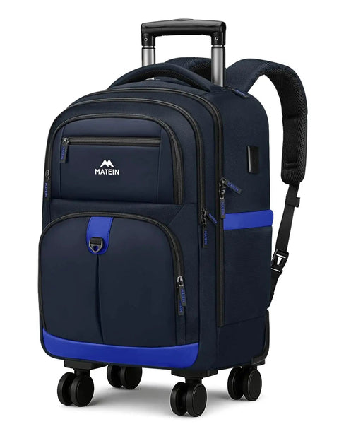 Dark blue four wheel rolling backpack with USB charging port and water resistant 17 inch laptop roller bag for travel and business.