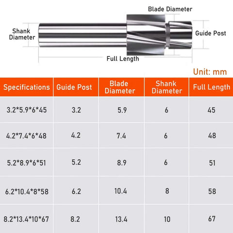 Image of a Counterbore Drill Bit Set For CNC Milling 5 Piece M3 To M8 Countersink End Mills 4 Flute HSS AL with size specifications in mm.