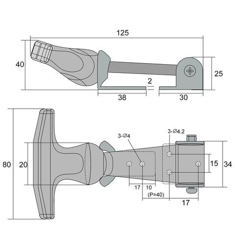 Diagram of Elastic Rubber Hood Latch Set With Stainless Brackets And T Handle showing dimensions and assembly details.