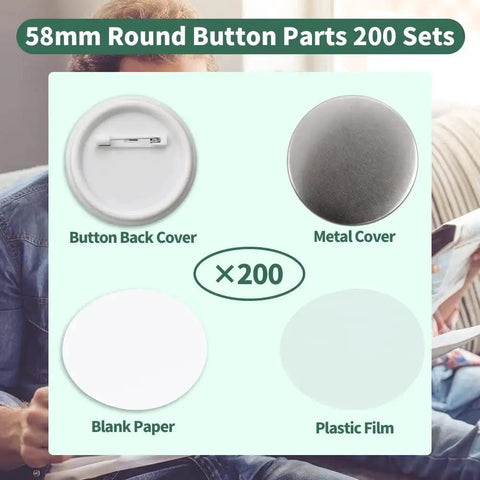 Mostme 58mm button parts set for button maker; 200-piece kit with back cover, metal cover, blank paper, and plastic film