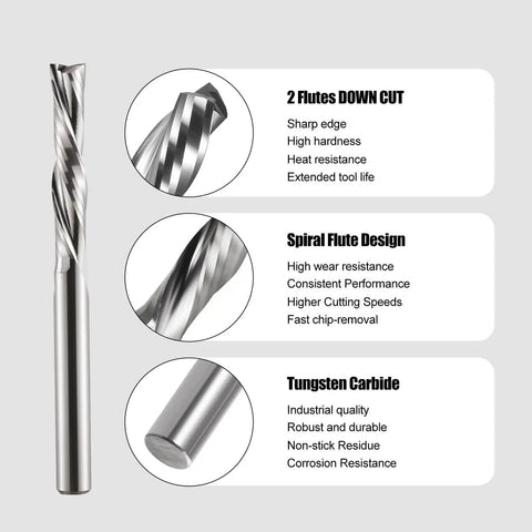 Downcut Spiral Double Flute CNC Router Bit Set One Eighth Inch Shank Tungsten Carbide End Mills For Wood Plastic Aluminum Five Pack with features
