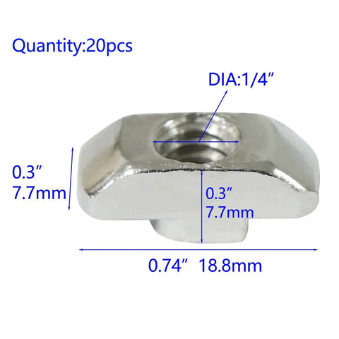 Drop-In T-Nut 1/4-20 Threaded Steel For Aluminum Extrusion Profiles 20 Pack with measurements 0.3x0.74 inch size shown
