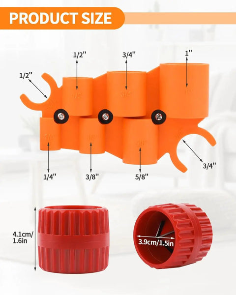 All In One Depth Gauge And Pipe Deburring Tool Kit showing sizes for PVC CPVC PPR PERT Copper Brass Aluminum tubing chamfer and reamer