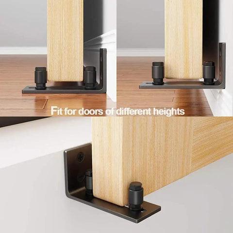 Black Floor Guide And Bottom Wall Guide Set For Barn Doors With Flush Design Flat Bottom Stay Roller installed on wood door