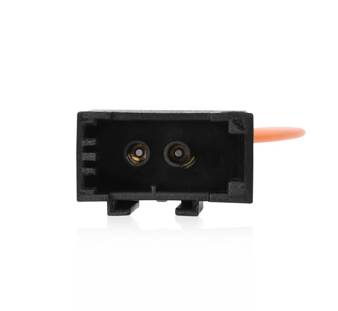 Fiber optic bypass loop adapter, black plastic housing with two ports and orange lead for automotive diagnostics