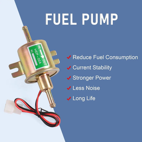 12V Low-Pressure Electric Fuel Pump Kit with filter, wiring visible, for carburetors, lawn mowers, gas and diesel engines