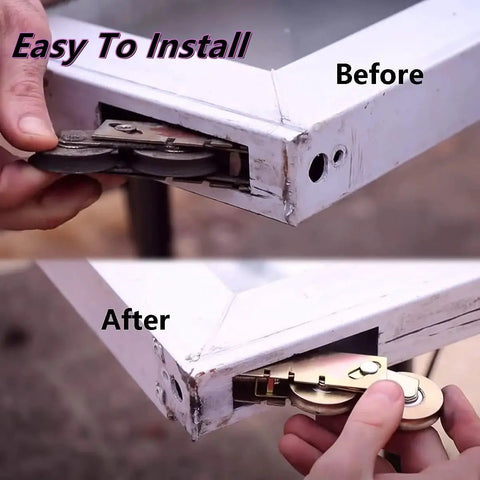Before and after installation of 2 Pack Sliding Door Rollers For 1-1/4 Inch Tandem Steel Ball Wheel Assembly Replacement