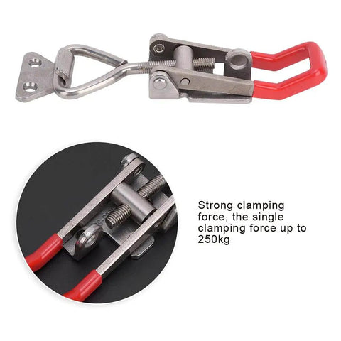 Heavy Duty 304 Stainless Steel Toggle Clamp With 250Kg Clamping Force And Adjustable Lever Handle For Welding Jig Fixtures Built For Real World Use And Precise Pressure Control, shown in a detailed side view with red handle and 250kg clamping description.