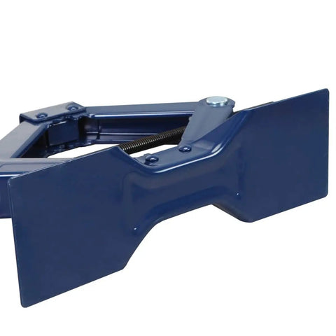 Close-up of blue Steel Scissor Lift Jack Car Kit 1.5 Ton Capacity Portable Collapsible Floor Jack for trunk storage.