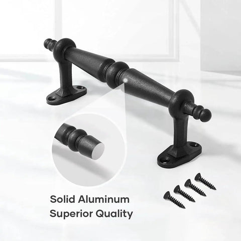 Close-up of the 9 Inch Barn Door Pull Handle Set In Rustic Black Aluminum with ergonomic chamfered edges and included screws.